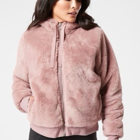 Athleta Faux Fur Zip Hoodie Jacket in Mauve Size Small - Picture 1 of 9